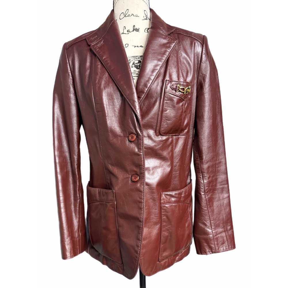 Etienne Aigner Vintage Burgundy Leather Blazer Jacket Gold Hardware Logo